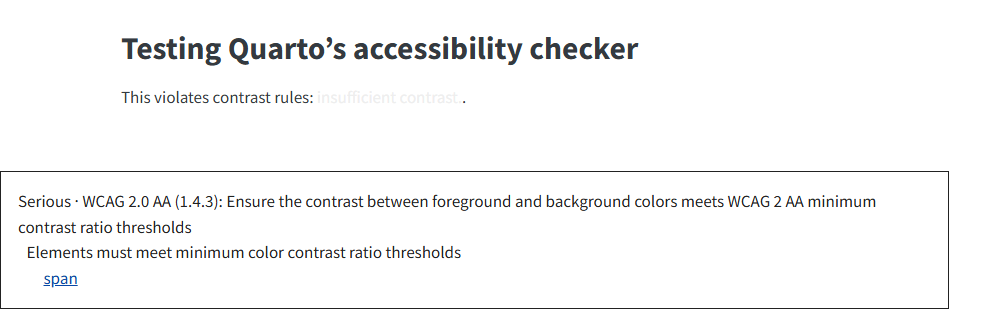 A rendered webpage with an overlay in the bottom right corner reporting a color contrast violation found by axe-core, including the selector of the offending element.